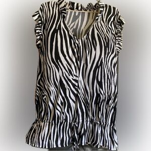 Zebra Sleeveless Ruffle V Neck Blouse Size 1X